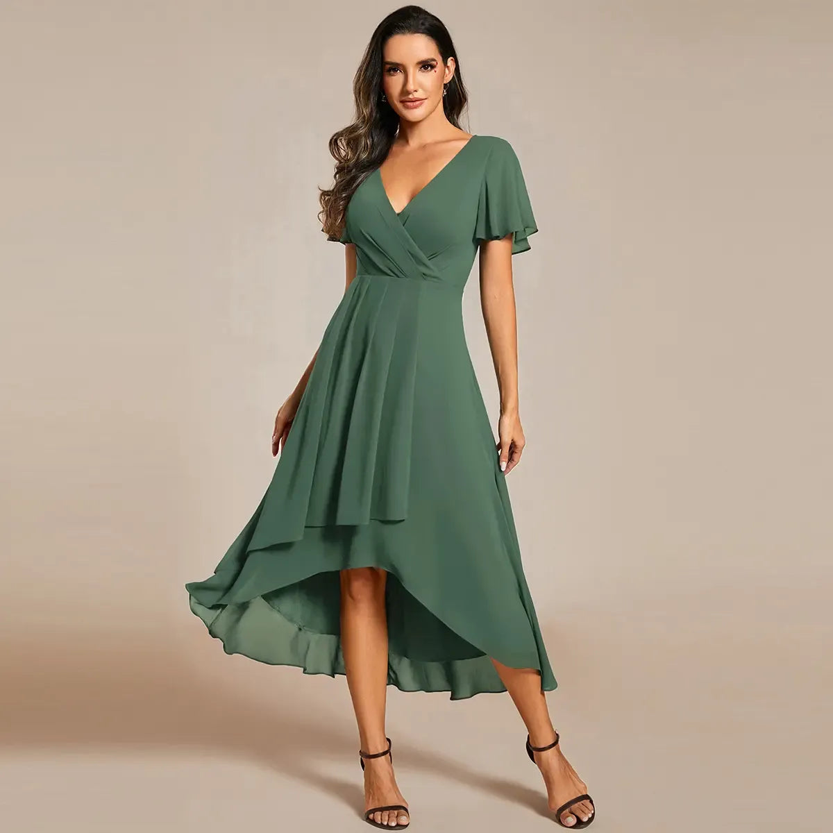 Spring Women's High-Low Hem Dress with Flutter Sleeves Surplice V-Neck ,Chiffon for Wedding Guest dress, Cocktail Party Formal dress,2084,womenswear