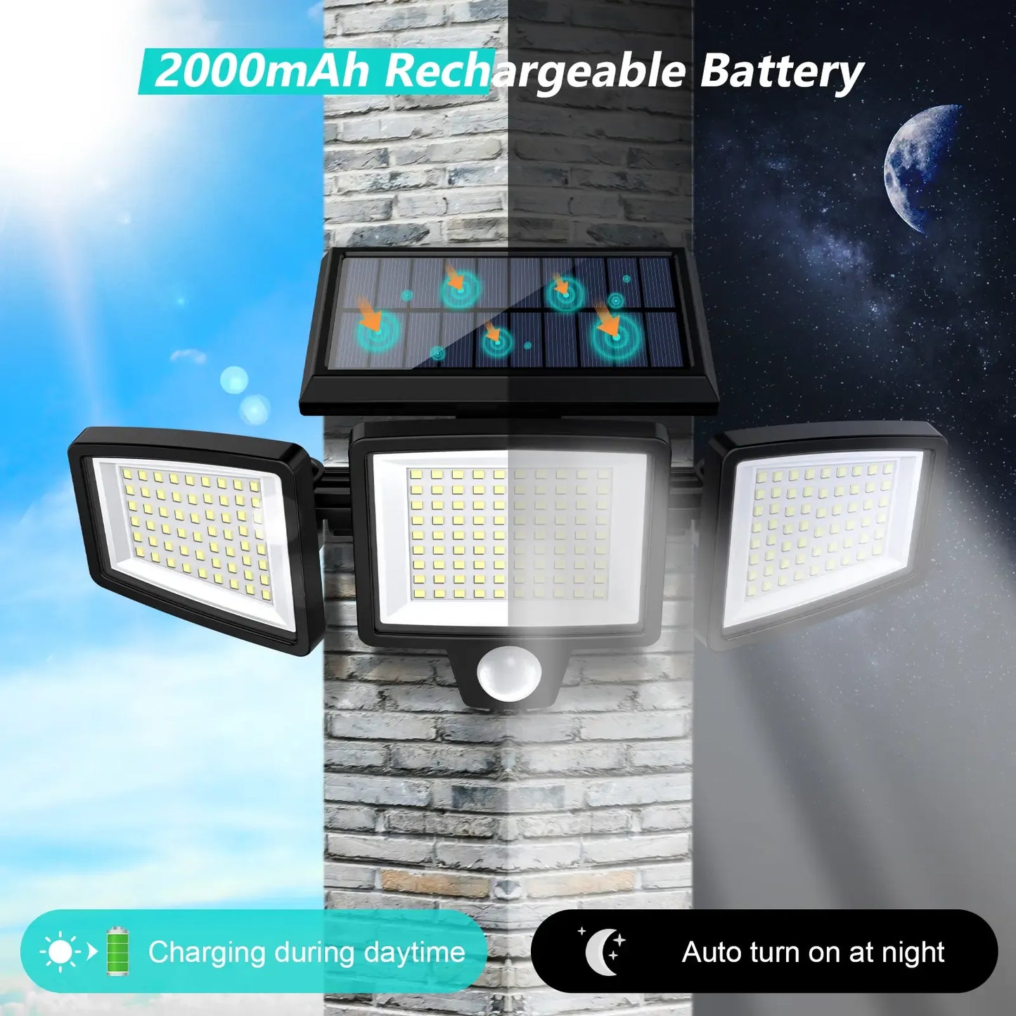Solar Outdoor Lights 2500LM 210LED Security Lights,3 Heads Dimmable SpotLights with 3 Modes,IP65 Waterproof,Suitable for Yard, Garage, Porch, Pool,Garden,Barn,Patio,#Summervibes