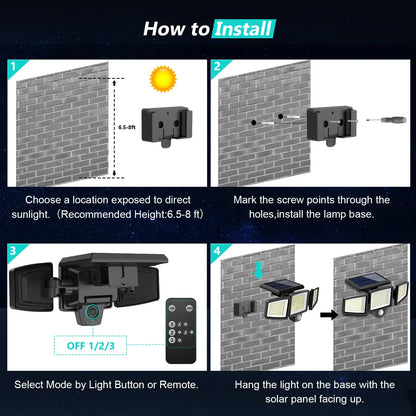 Solar Outdoor Lights 2500LM 210LED Security Lights,3 Heads Dimmable SpotLights with 3 Modes,IP65 Waterproof,Suitable for Yard, Garage, Porch, Pool,Garden,Barn,Patio,#Summervibes