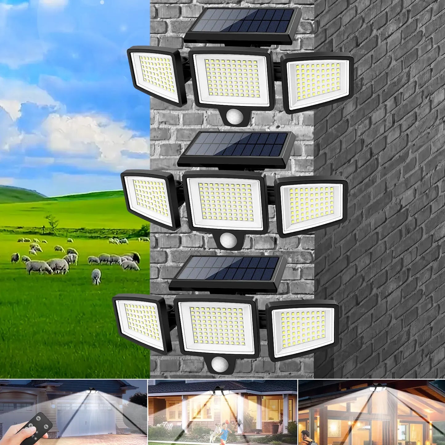 Solar Outdoor Lights 2500LM 210LED Security Lights,3 Heads Dimmable SpotLights with 3 Modes,IP65 Waterproof,Suitable for Yard, Garage, Porch, Pool,Garden,Barn,Patio,#Summervibes
