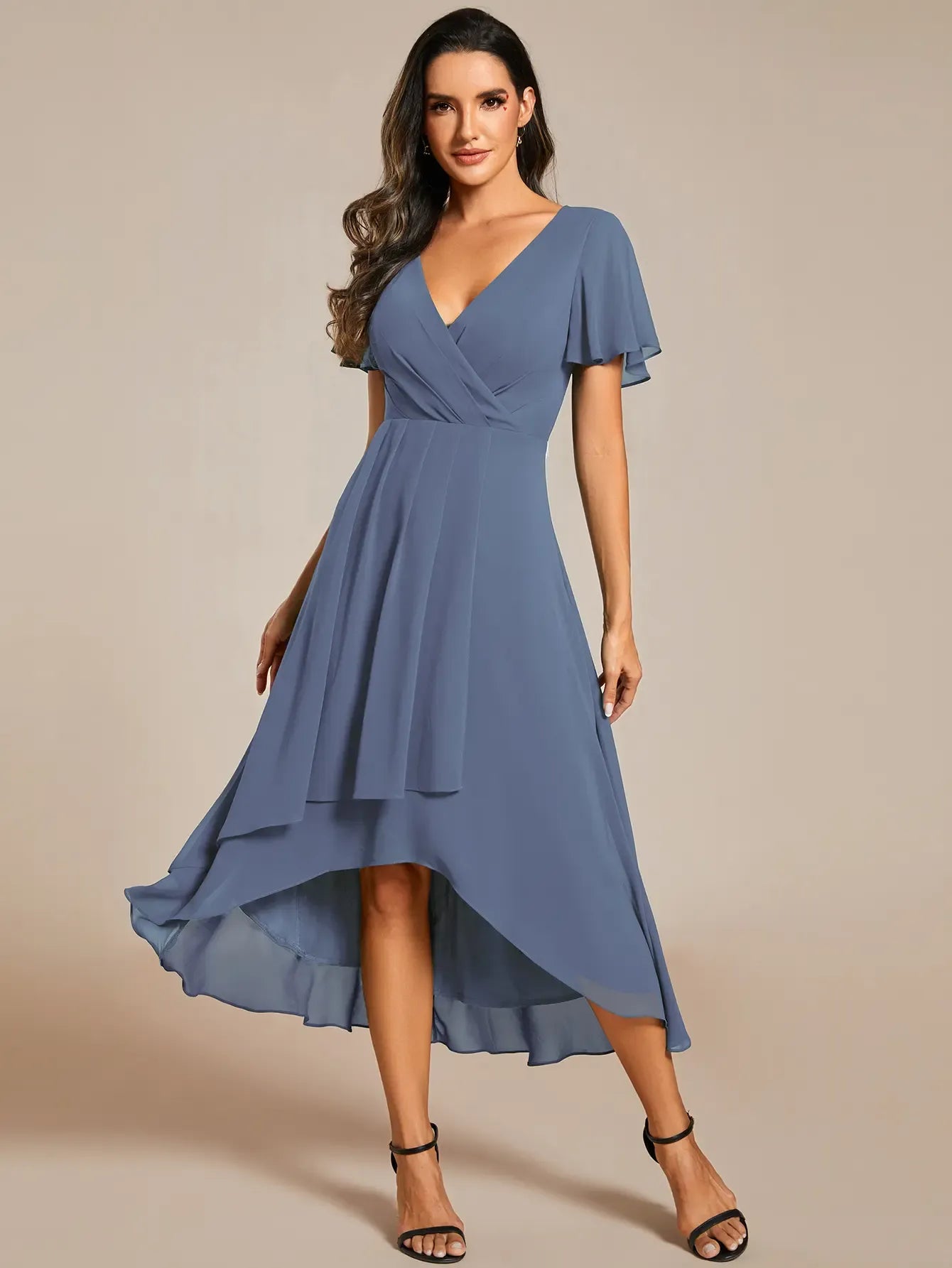 Spring Women's High-Low Hem Dress with Flutter Sleeves Surplice V-Neck ,Chiffon for Wedding Guest dress, Cocktail Party Formal dress,2084,womenswear