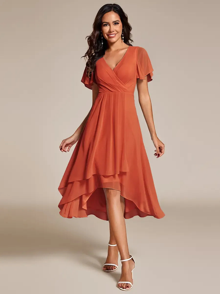 Spring Women's High-Low Hem Dress with Flutter Sleeves Surplice V-Neck ,Chiffon for Wedding Guest dress, Cocktail Party Formal dress,2084,womenswear